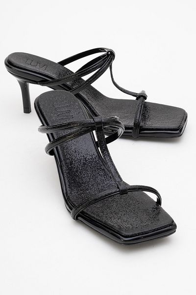 LuviShoes Mocha Black Patterned Square Toe Thin Strap Women's Heeled Slippers