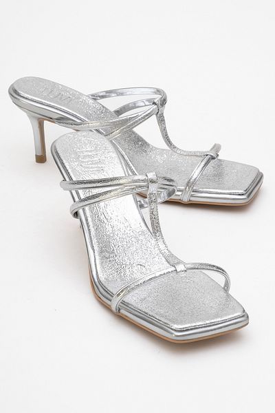 LuviShoes Mocha Silver Patterned Square Toe Thin Strap Women's Heeled Slippers