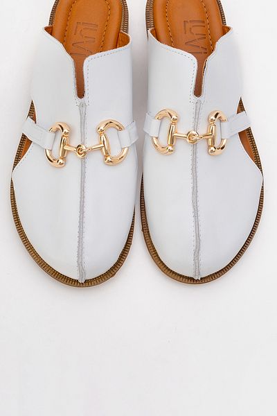 LuviShoes Favor White Skin Genuine Leather Buckle Closed Front Women's Slippers