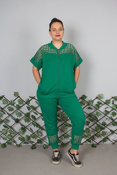 Truva XXL Stylish Green Tracksuit Set with Large Size Shoulder Detail