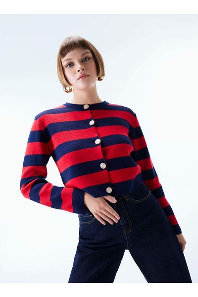 DAMGA Collection Red-Navy Blue Striped Knitwear Jacket
