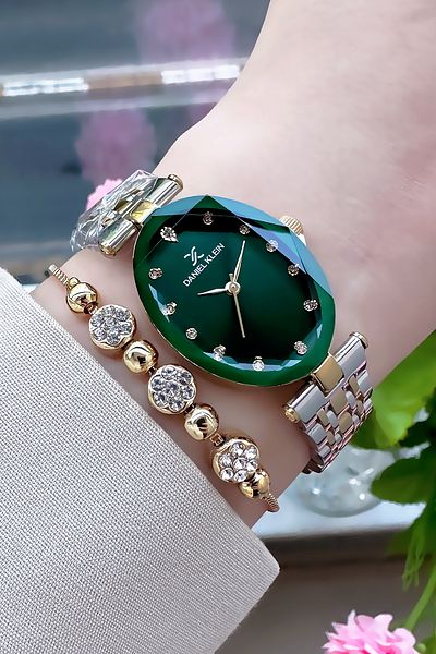 Daniel Klein Oval Case Cutout Glass Waterproof Women Wristwatch Green Color Steel Cord Gift Bracelet Dkby2034C9