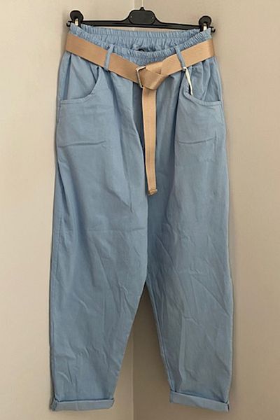 AYASOFYA OTANTIK Women's Italian Blue Elastic Waist Shiny Buckle Belt Plain Patterned Lycra Loose Carrot Leg Trousers