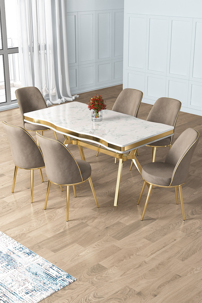 Canisa Prah Serisi 90x160 Lak Panel Beyaz Mermer Desen Gold Ayak Masa Takımı ...