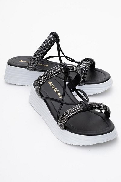 CCWAY AYAKKABI Women's Stone Flat Slippers Black White