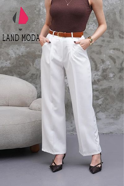 LAND MODA Women's High Waist Loose Wide Leg Belt Pleated Woven Fabric Palazzo Pants