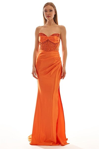 Elbisemhazır Taş Işlemeli Straplez Saten Kadın Abiye Elbise