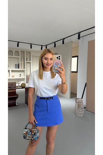 Sezgi Tekin Belted Pocket Detail Saks Shorts Skirt