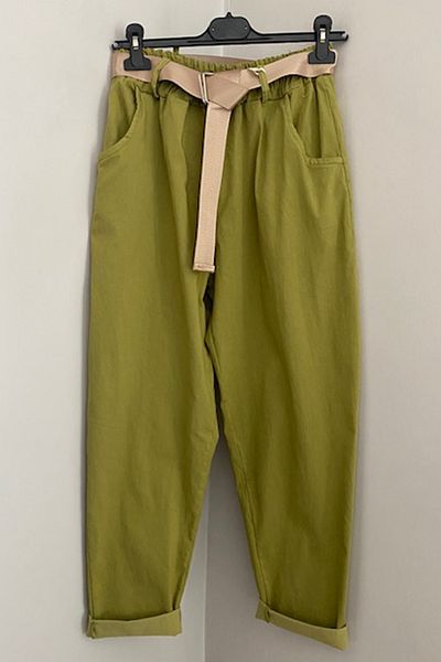 AYASOFYA OTANTIK Women's Italian Oil Green Elastic Waist Shiny Buckle Belted Plain Lycra Casual Carrot Leg Trousers