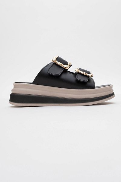 CCWAY AYAKKABI Woman's double buckle slippers black