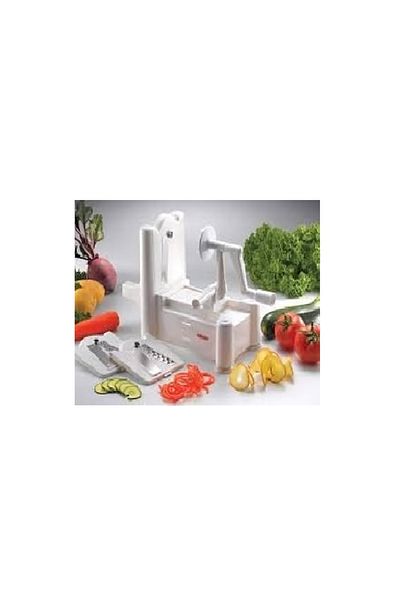 Generic A spiral vegetable slicer that will be used to turn vegetables into thin strips or healthy "noodles."
