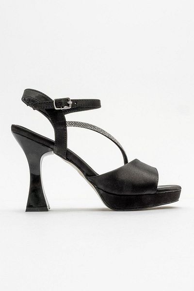 CCWAY AYAKKABI Women's Stone Platform Heeled Shoes Black Satin