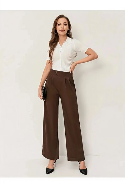 LAND MODA Women's Pleated brown Fabric high waist Palazzo Pants
