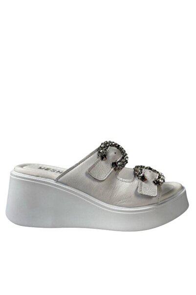 AREGA Rouge Stone Buckle High Sole Leather White Women's Slippers