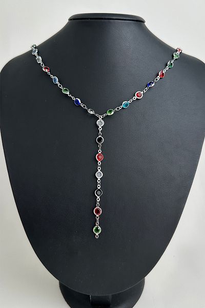 Modex Round Colored Stone Crop Low-Cut Y Necklace (56cm)