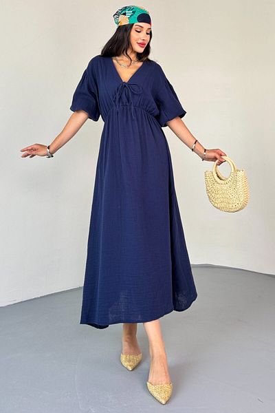 Cappmoda ELB-01812 Μπλε ναυτικό με λαιμόκοψη V με λαστιχένια μανίκια Βαμβακερό λινό μακρύ φόρεμα