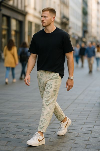SUPERBLUE Men's Elastic Waist Patterned Green Shalwar Trousers