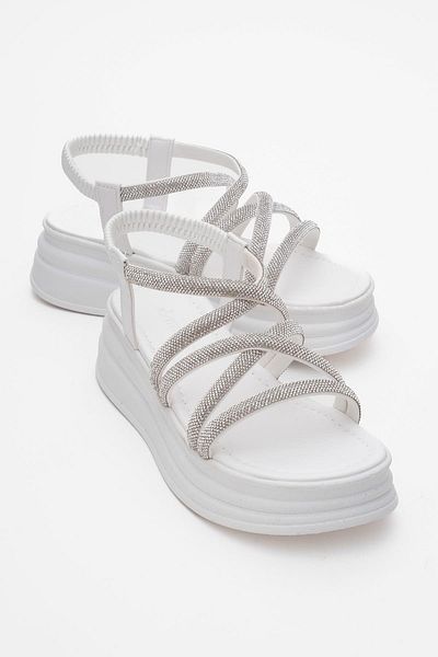 CCWAY AYAKKABI Women's Cross Stone Elastic Sandals White