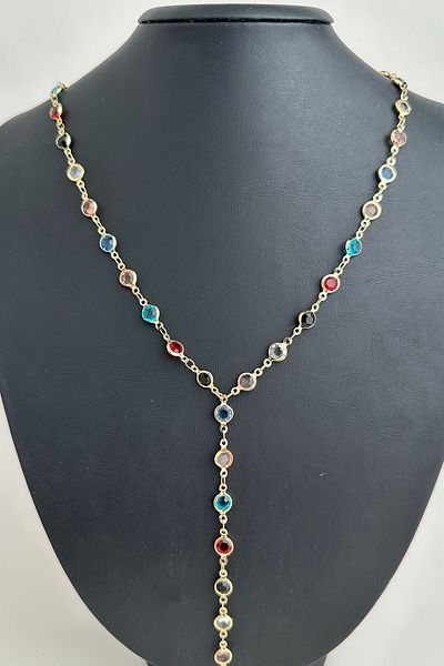 Modex Round Colored Stone Crop Low-Cut Y Necklace (56cm)