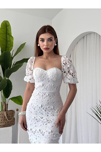 ETİKAFASHION Kadın Beyaz Tasarım Dantel Elbise