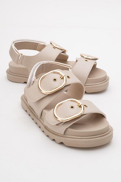 CCWAY AYAKKABI Women's Double Buckle Velcro Sandals Beige
