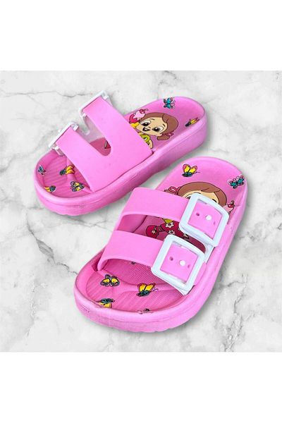 AkınalBella Girl's Pink Double Buckle Soft Soft Sole Slippers