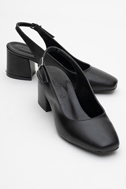 CCWAY AYAKKABI صندل نسائي بكعب مفتوح ومقدمة مكتنزة جلد أسود