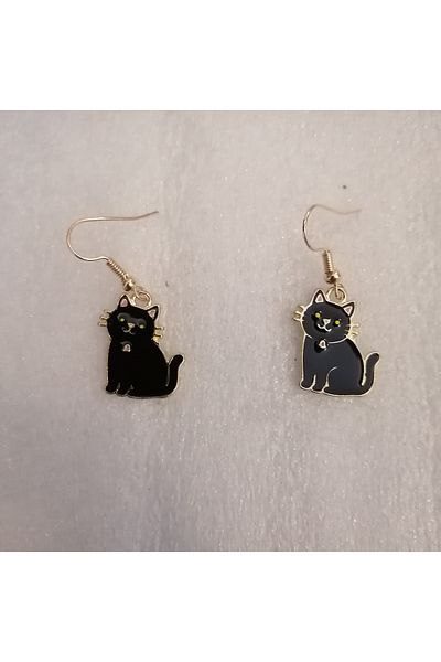 Butik Tülin Authentic Gold Metal Black Enamel Tiny Cat Dangle Earrings 3.5X1.7Cm Made in Thailand