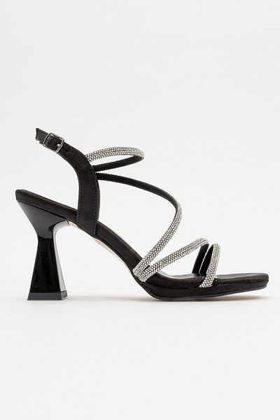 CCWAY AYAKKABI Cross Stone Women's Heeled Sandals Black Satin