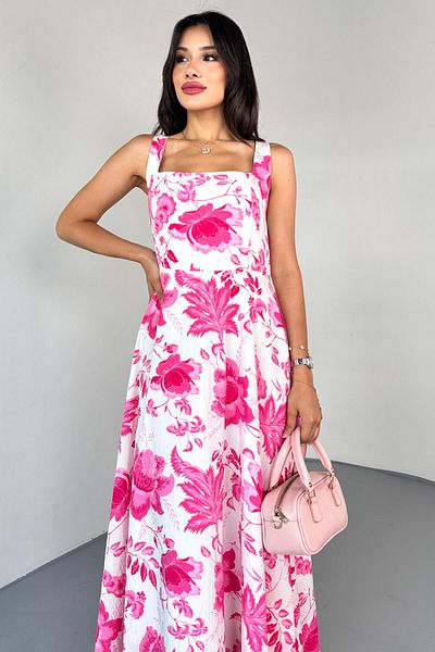 Cappmoda ELB-01810 Φόρεμα με λουράκι με ροζ τετράγωνο γιακά με λευκό λουλούδι