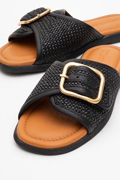 Dericlub DERİCLUB Γυναικείες παντόφλες με μονή ζώνη από γνήσιο δέρμα ZY 8141 ΜΑΥΡΟ