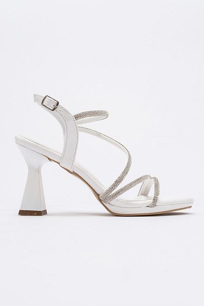 CCWAY AYAKKABI Cross Stone Women's Heeled Sandals White Patent Leather
