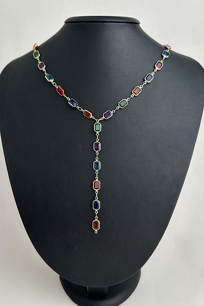 Modex Colorful Rectangular Stone Low-Cut Y Necklace (56cm)