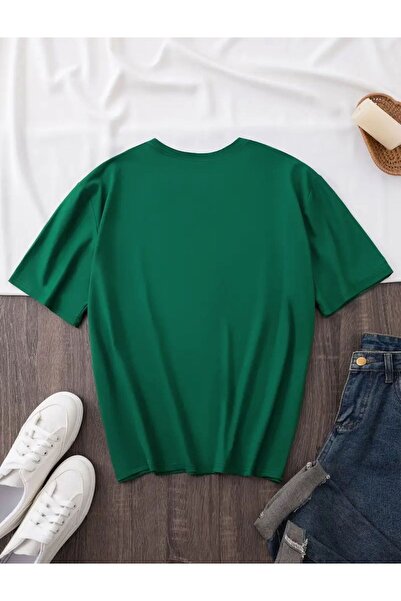 caddekombin Pembe Zambak Göğüs Baskılı Pamuk Penye Yeşil Tişört