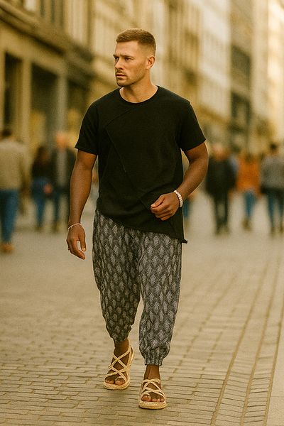 SUPERBLUE Men's Summer Patterned Smoked Jogger Baggy Trousers