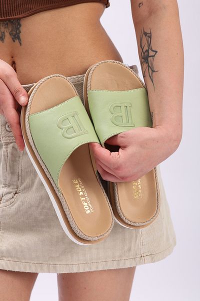 SOFT Women's Genuine Leather Water Green Color Eva Sole Orthopedic Daily Slippers