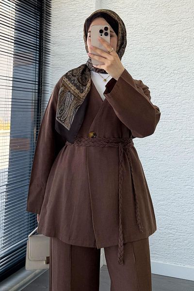 MELEK ARAZ Linen Kimono Suit with Knitted Belt - Brown