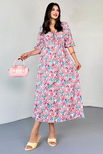 Cappmoda ELB-01814 Καλοκαιρινό φόρεμα με διπλό γιακά με ροζ παστέλ λουλούδια