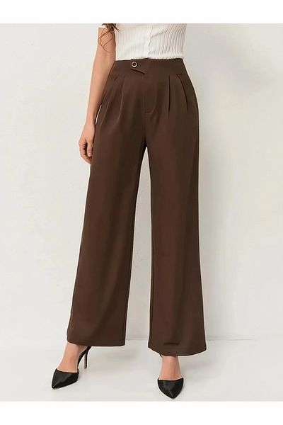 LAND MODA Women's Pleated brown Fabric high waist Palazzo Pants