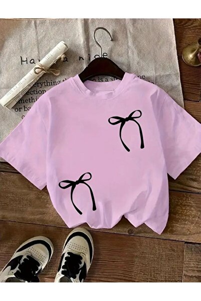 caddekombin Tricou mov din bumbac pieptănat cu imprimeu dublu cu panglică neagră