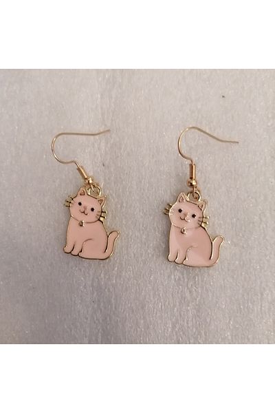 Butik Tülin Authentic Gold Metal Powder Color Enamel Tiny Cat Dangle Earrings 3.5X1.7Cm Made in Thailand