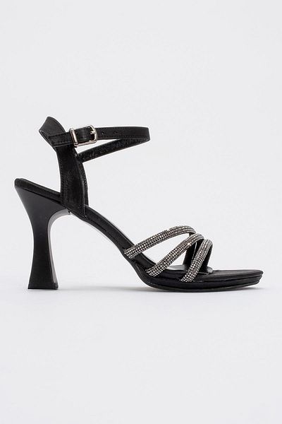 CCWAY AYAKKABI Women's Piping Stone Heeled Sandals Black Satin