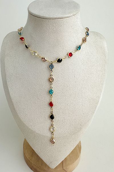 Modex Round Colored Stone Crop Low-Cut Y Necklace (56cm)