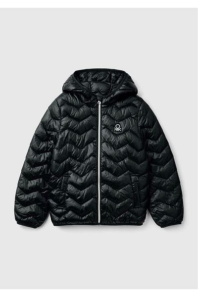 United Colors of Benetton Girl's Black Logo Embroidered Hooded Thin Puffa Coat