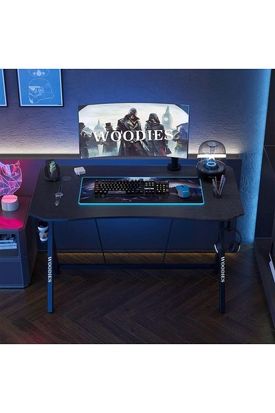 Woodies 120cm Gaming Desk with Carbon Fiber Surface, Cup Holder & Headphone Hook – Home/Office