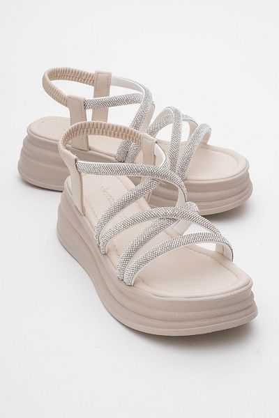 CCWAY AYAKKABI Women's Cross Stone Elastic Sandals Beige