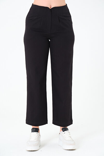 Sortie Collection Women's Regular Waist, Pleated, Straight Leg, Ribbed, Gabardine Black Trousers
