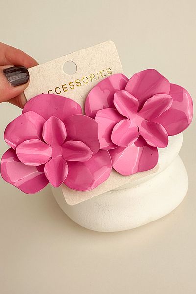 Modex Metal Oval Curved Pink Light Exaggerated Flower Earrings (7cm)