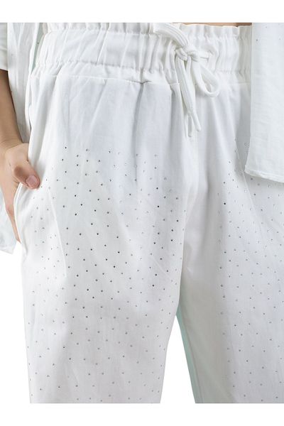 İrem Çocuk Giyim Girl's Stone Detailed Ecru Color Oversize Trousers with Elastic Waist and Pockets