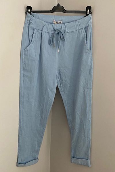 AYASOFYA OTANTIK Women's Italian Baby Blue Tie Waist Lycra Skinny Leg Pants
